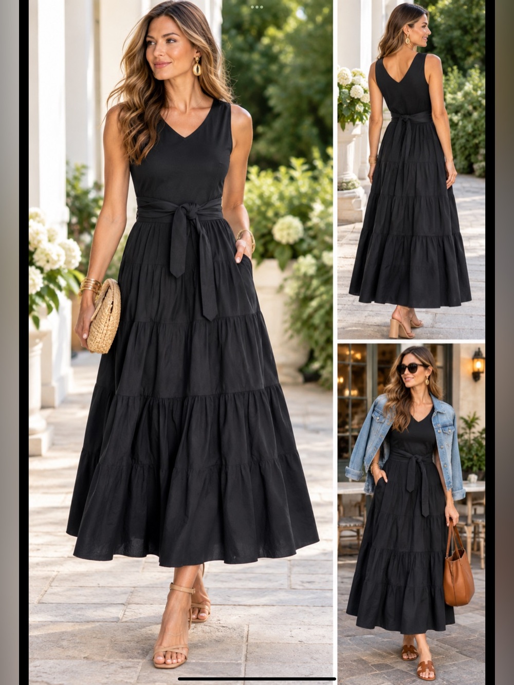 Jason Wu Knit Top Tiered Maxi Dress Black Sz L Front Tie SLEEVELESS Quiet Luxury